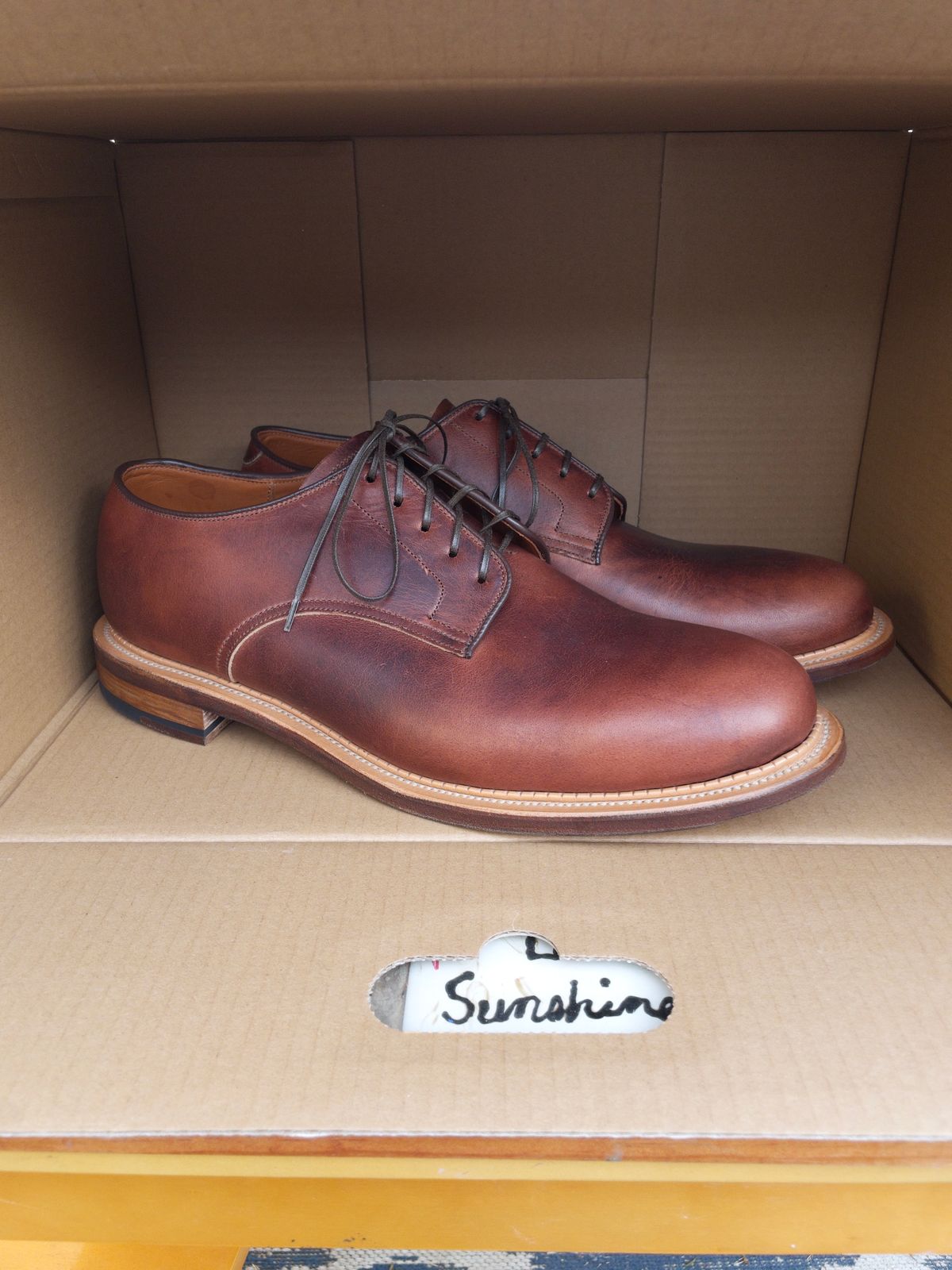 Photo by grantsyourguy on November 5, 2024 of the Viberg Rockland Blucher in Horween Nut Cypress.