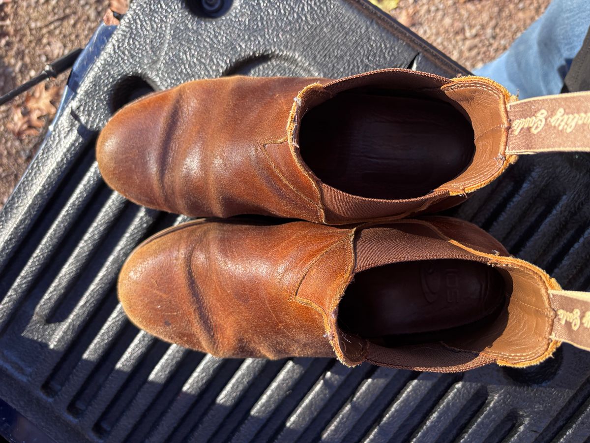 Photo by tinytopey on November 2, 2025 of the Thursday General Purpose Chelsea in Safari Waxed Roughout.