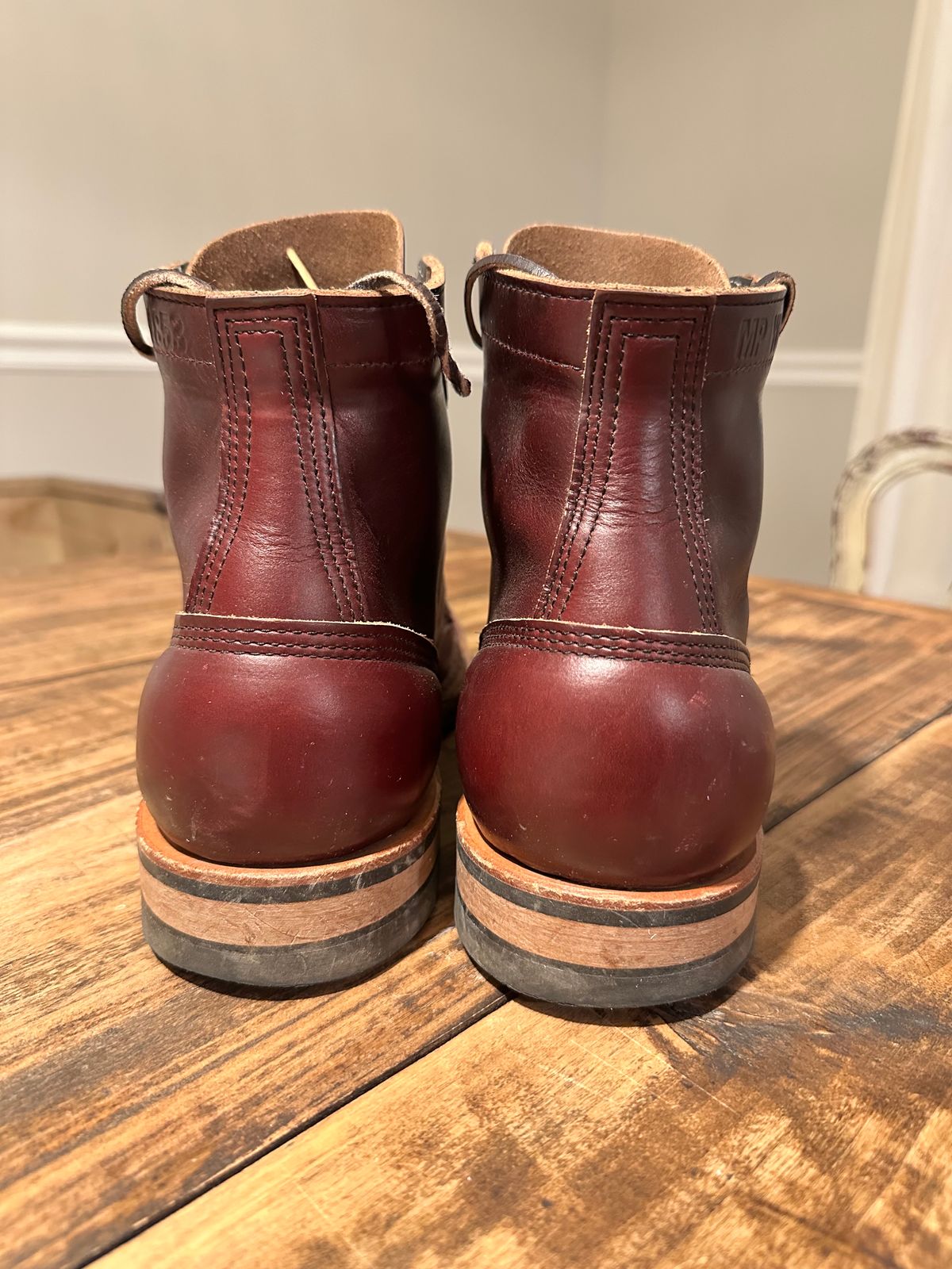 Photo by hunty_badger on January 6, 2024 of the White's MP-Sherman Toe Cap in Horween Burgundy Chromexcel.