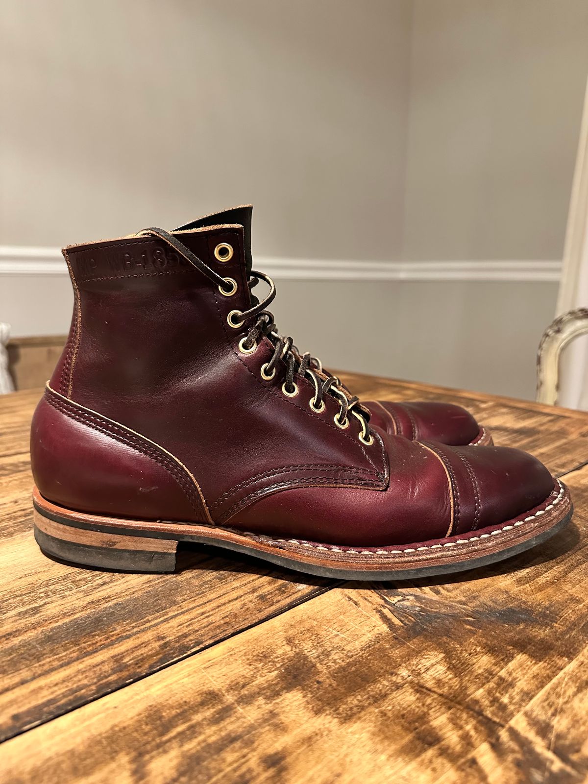 Photo by hunty_badger on January 6, 2024 of the White's MP-Sherman Toe Cap in Horween Burgundy Chromexcel.