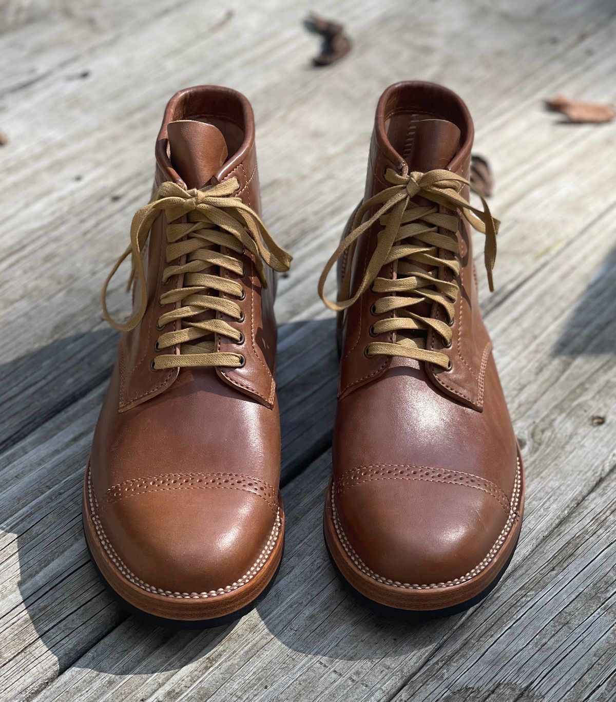 Photo by stook1 on October 2, 2023 of the Flame Panda Brogue Cap Toe Service Boot in Maryam Natural Horsebutt.