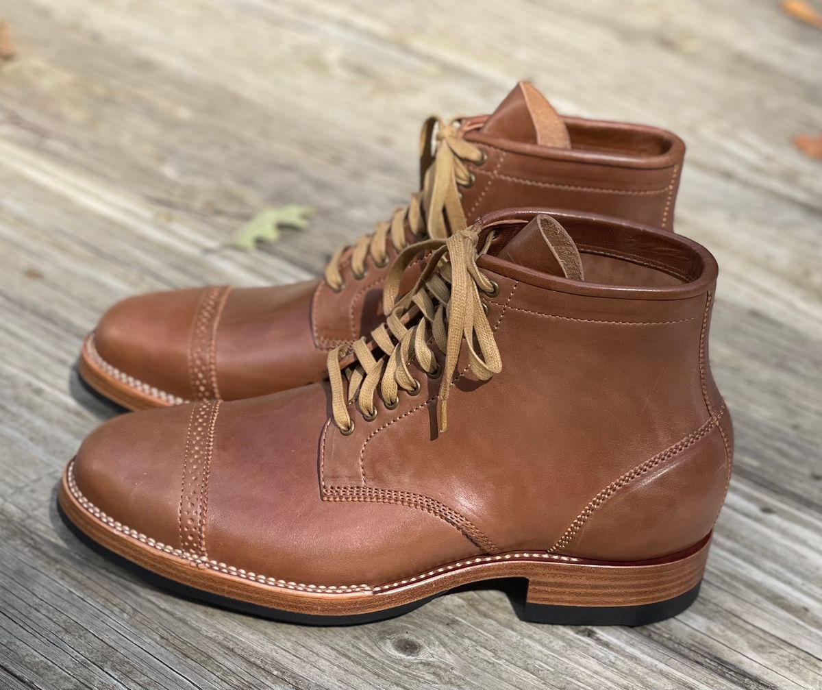 Photo by stook1 on October 2, 2023 of the Flame Panda Brogue Cap Toe Service Boot in Maryam Natural Horsebutt.