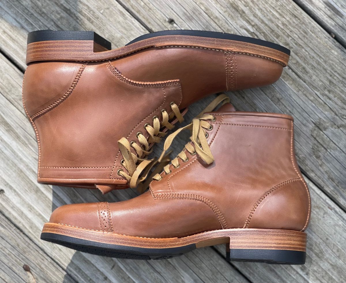 Photo by stook1 on October 2, 2023 of the Flame Panda Brogue Cap Toe Service Boot in Maryam Natural Horsebutt.