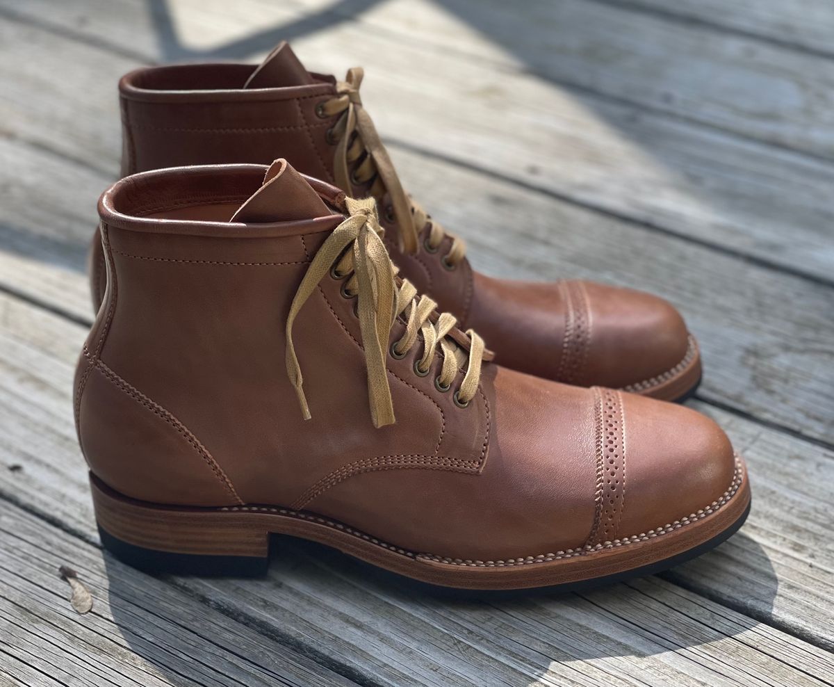 Photo by stook1 on October 2, 2023 of the Flame Panda Brogue Cap Toe Service Boot in Maryam Natural Horsebutt.