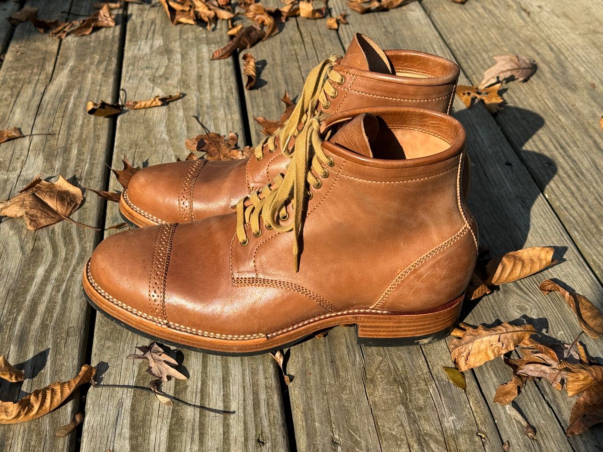 Photo by stook1 on November 6, 2023 of the Flame Panda Brogue Cap Toe Service Boot in Maryam Natural Horsebutt.