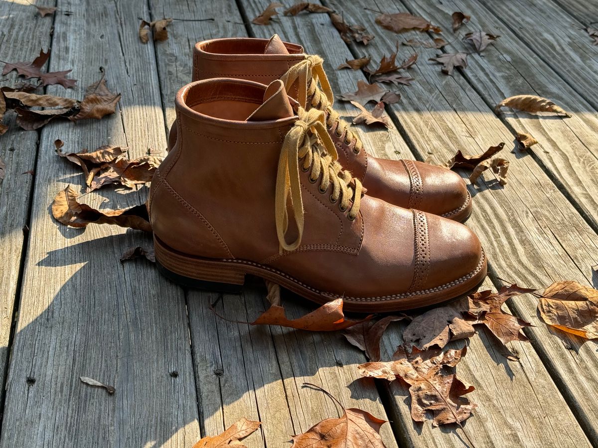 Photo by stook1 on November 6, 2023 of the Flame Panda Brogue Cap Toe Service Boot in Maryam Natural Horsebutt.