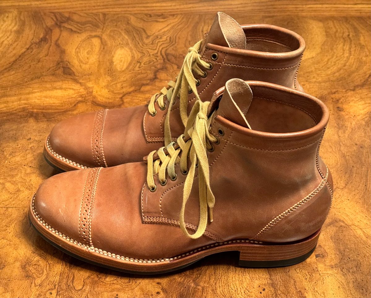 Photo by stook1 on December 6, 2023 of the Flame Panda Brogue Cap Toe Service Boot in Maryam Natural Horsebutt.