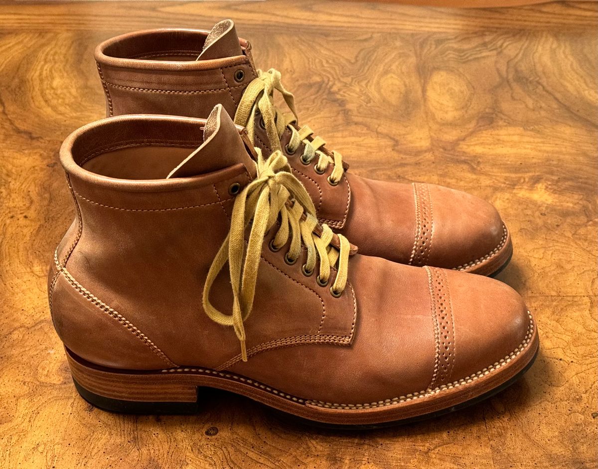 Photo by stook1 on December 6, 2023 of the Flame Panda Brogue Cap Toe Service Boot in Maryam Natural Horsebutt.