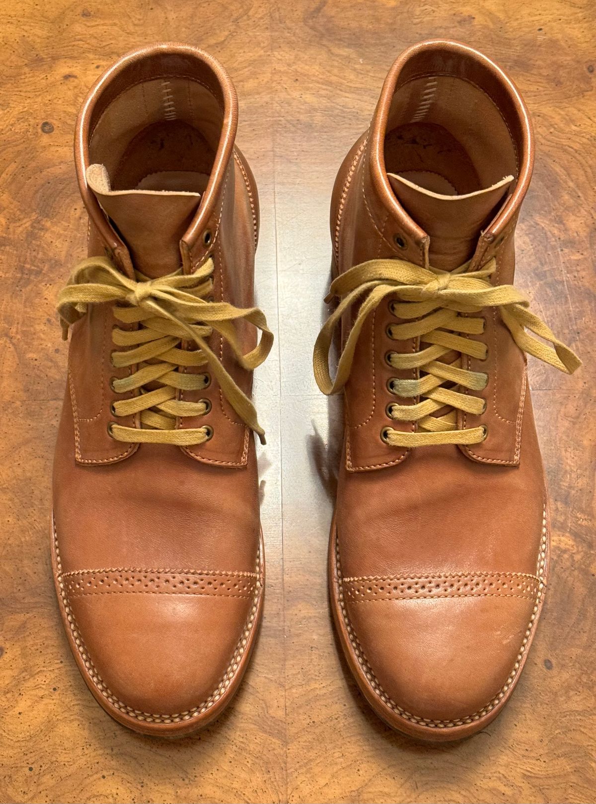 Photo by stook1 on December 6, 2023 of the Flame Panda Brogue Cap Toe Service Boot in Maryam Natural Horsebutt.
