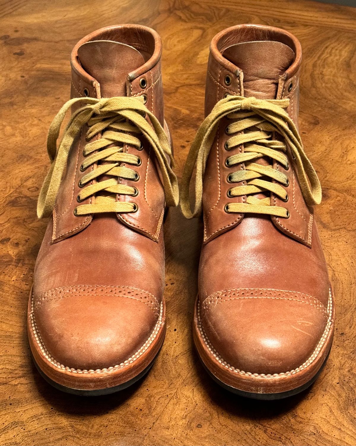 Photo by stook1 on January 6, 2024 of the Flame Panda Brogue Cap Toe Service Boot in Maryam Natural Horsebutt.