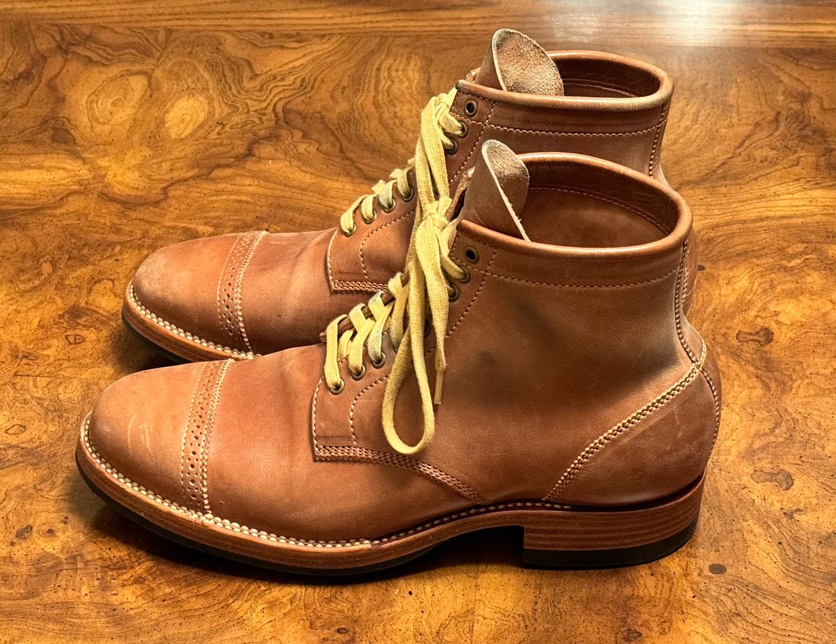 Photo by stook1 on January 6, 2024 of the Flame Panda Brogue Cap Toe Service Boot in Maryam Natural Horsebutt.