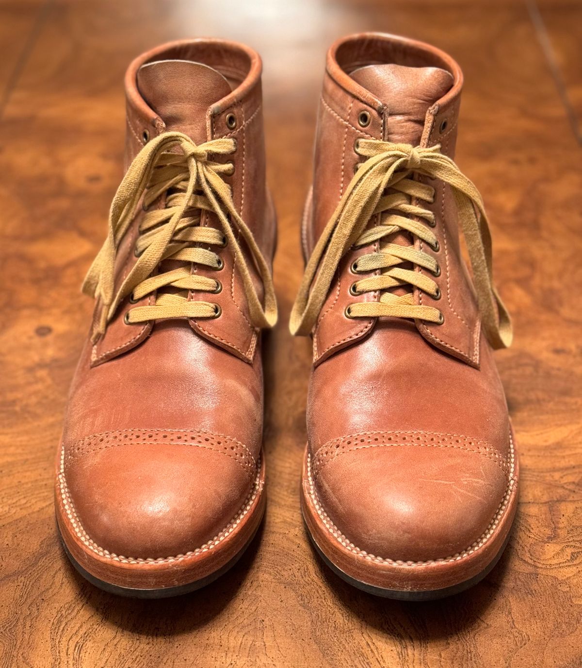 Photo by stook1 on February 6, 2024 of the Flame Panda Brogue Cap Toe Service Boot in Maryam Natural Horsebutt.