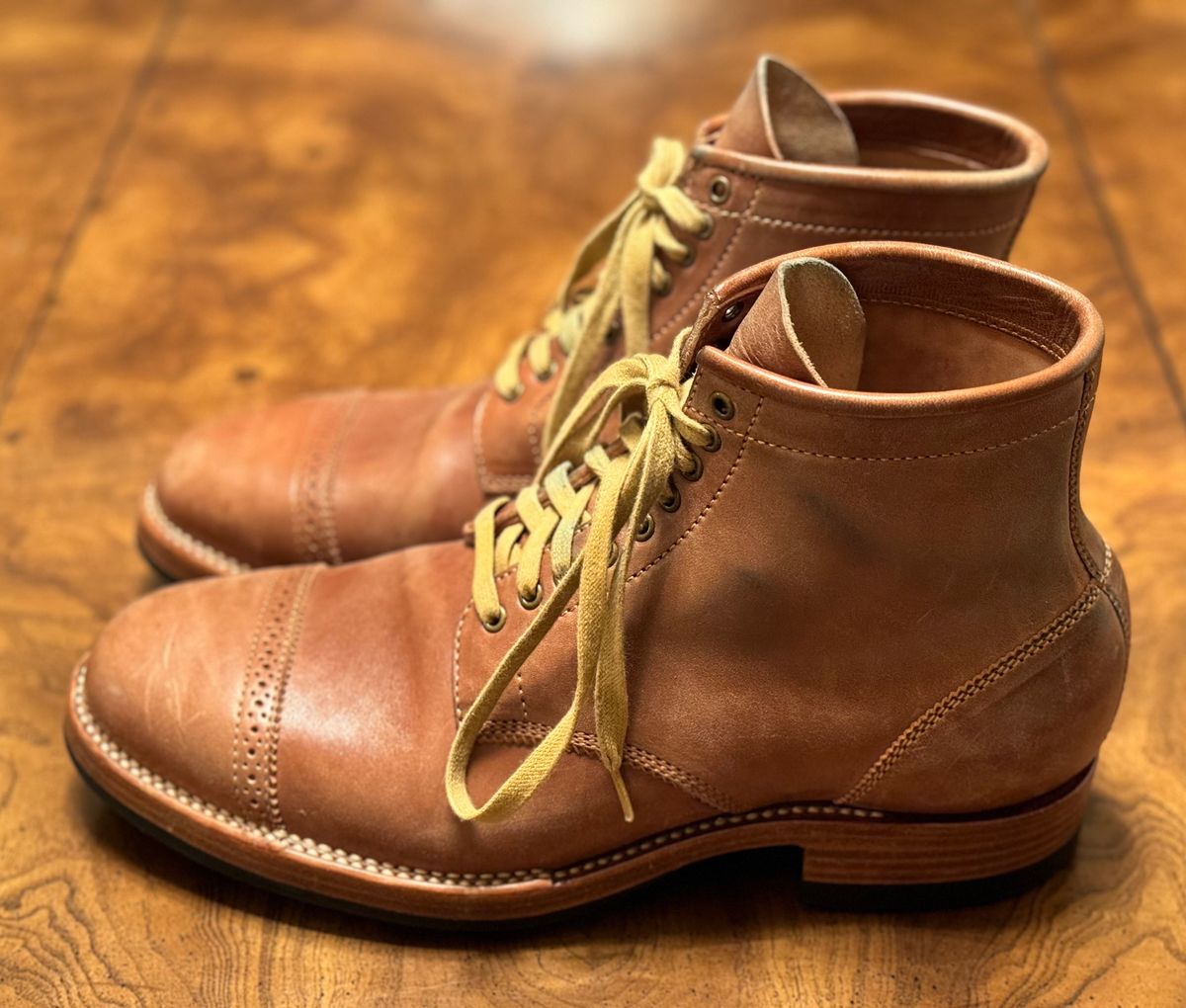 Photo by stook1 on February 6, 2024 of the Flame Panda Brogue Cap Toe Service Boot in Maryam Natural Horsebutt.