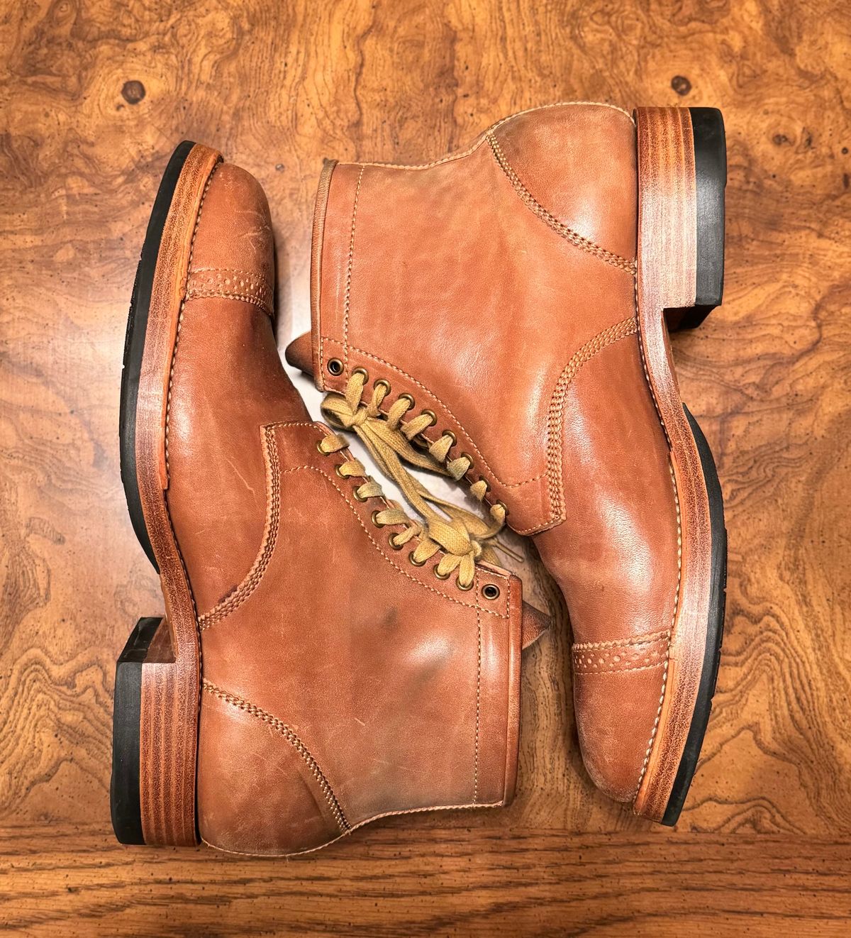 Photo by stook1 on February 6, 2024 of the Flame Panda Brogue Cap Toe Service Boot in Maryam Natural Horsebutt.