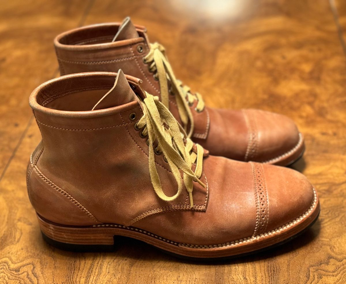 Photo by stook1 on February 6, 2024 of the Flame Panda Brogue Cap Toe Service Boot in Maryam Natural Horsebutt.