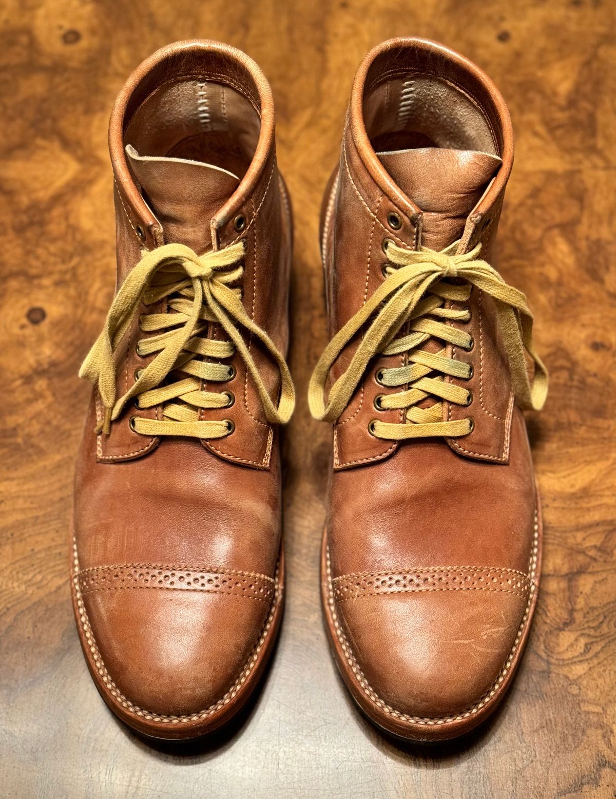Photo by stook1 on February 6, 2024 of the Flame Panda Brogue Cap Toe Service Boot in Maryam Natural Horsebutt.
