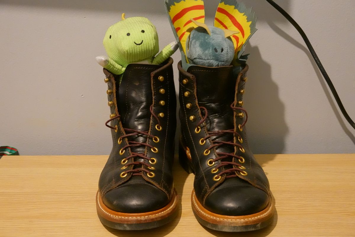 Photo by gertrudes_cat on December 31, 2022 of the John Lofgren Monkey Boots in Horween Black Teacore Chromexcel.