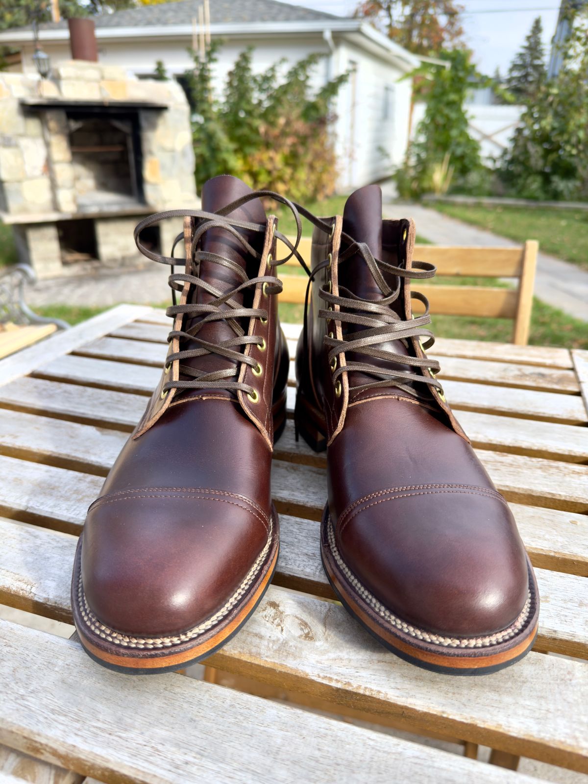Photo by HeadingWest on October 11, 2024 of the Viberg Service Boot in Horween Brown Chromexcel.