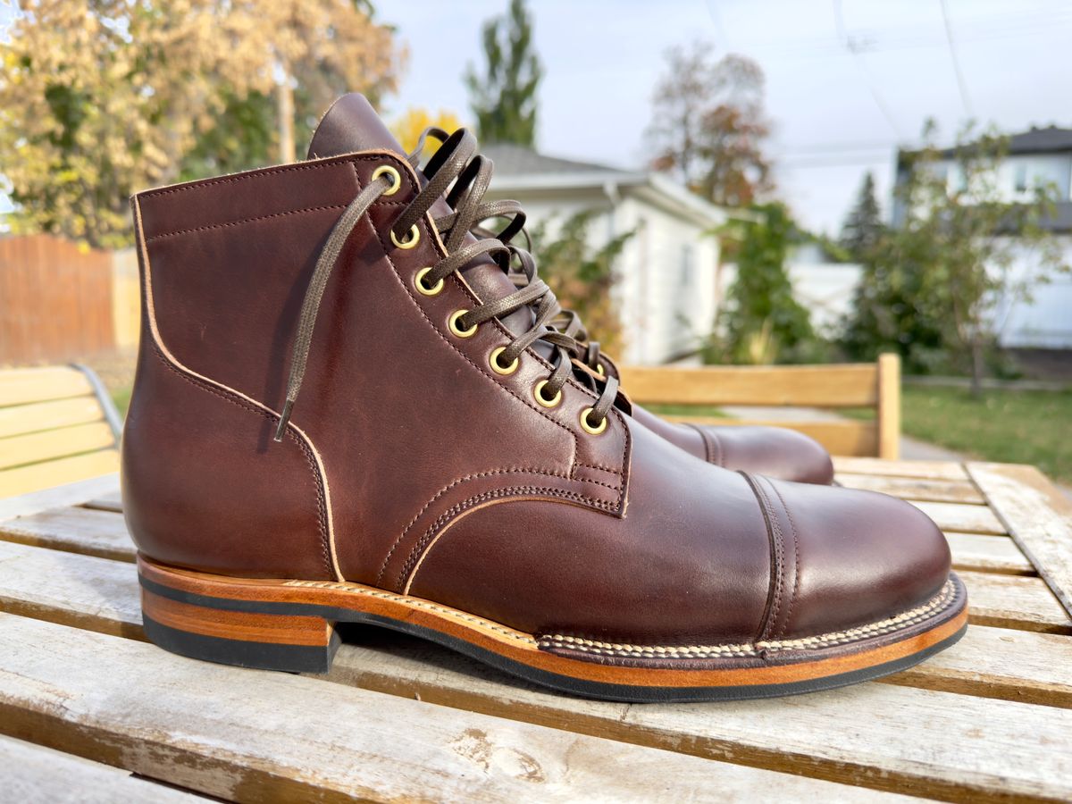 Photo by HeadingWest on October 11, 2024 of the Viberg Service Boot in Horween Brown Chromexcel.