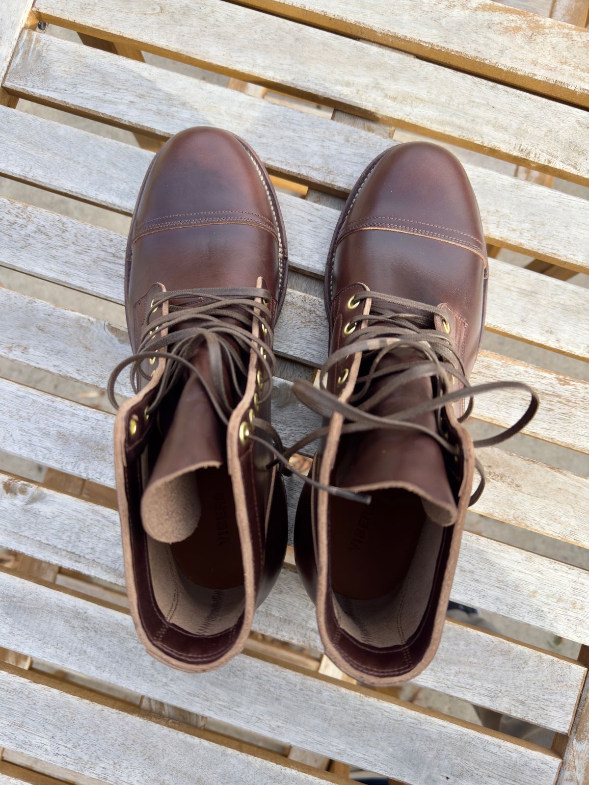 Photo by HeadingWest on October 11, 2024 of the Viberg Service Boot in Horween Brown Chromexcel.