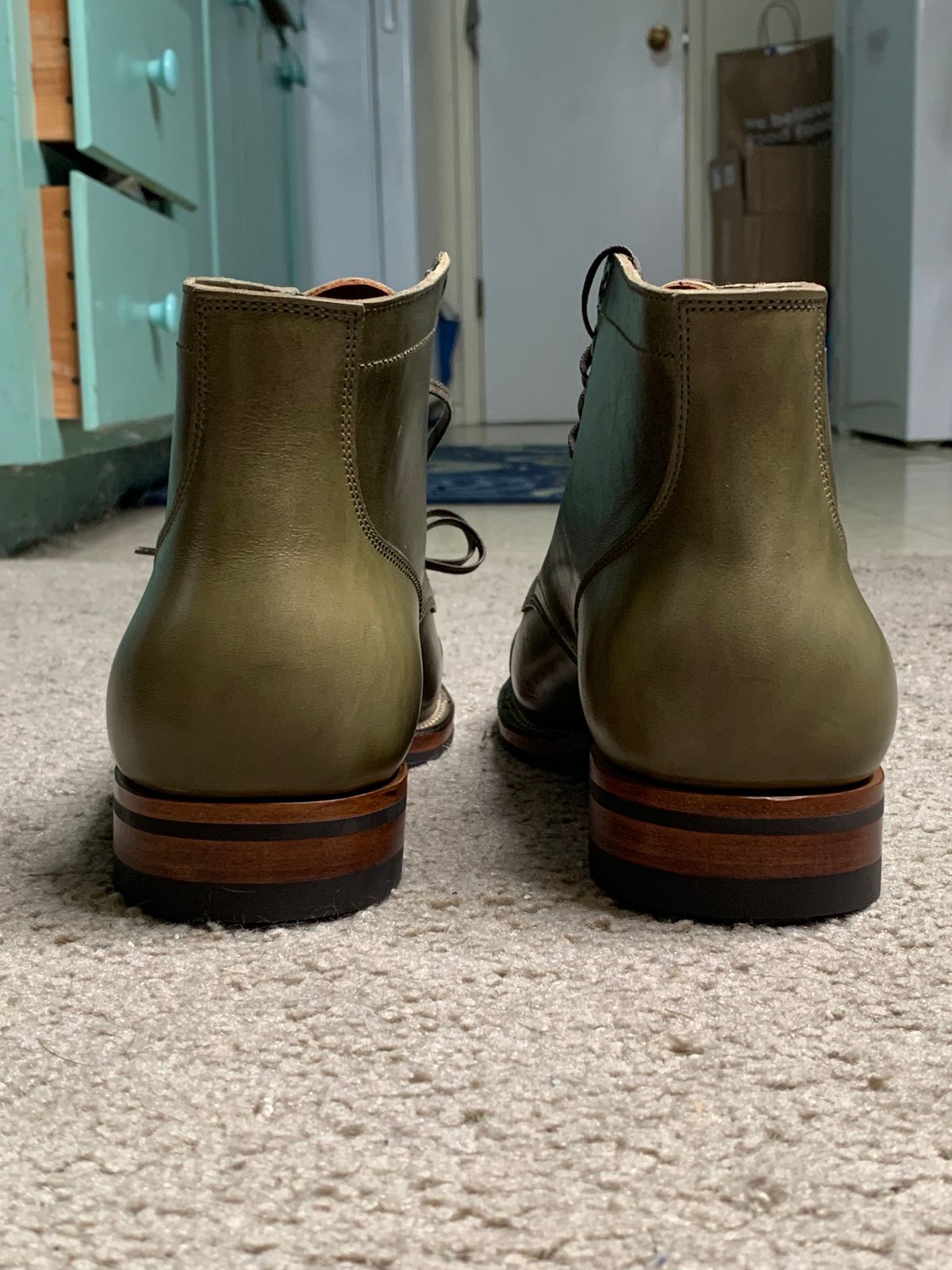 Photo by madeofbirds on October 1, 2023 of the Viberg Service Boot BCT in Maryam Salvia Horsebutt.