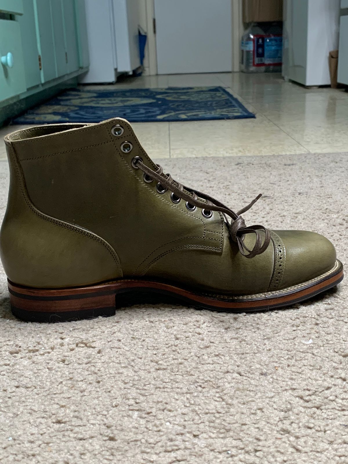 Photo by madeofbirds on October 1, 2023 of the Viberg Service Boot BCT in Maryam Salvia Horsebutt.