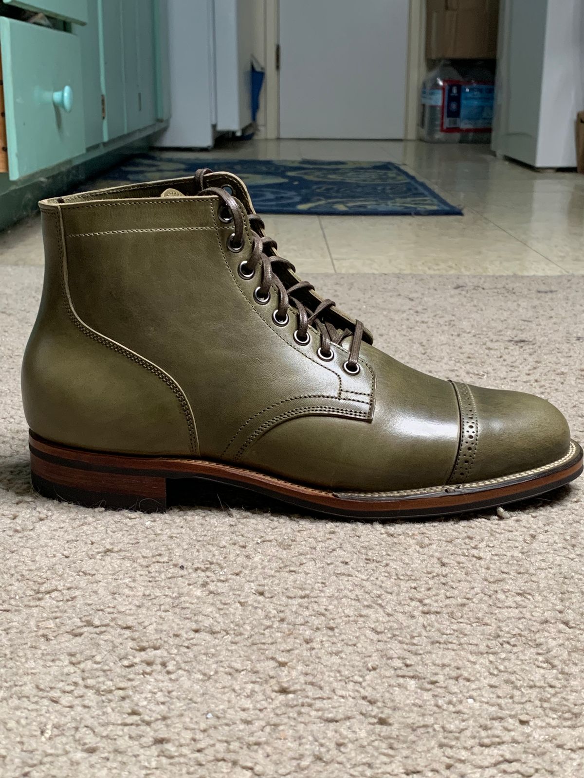 Photo by madeofbirds on October 1, 2023 of the Viberg Service Boot BCT in Maryam Salvia Horsebutt.