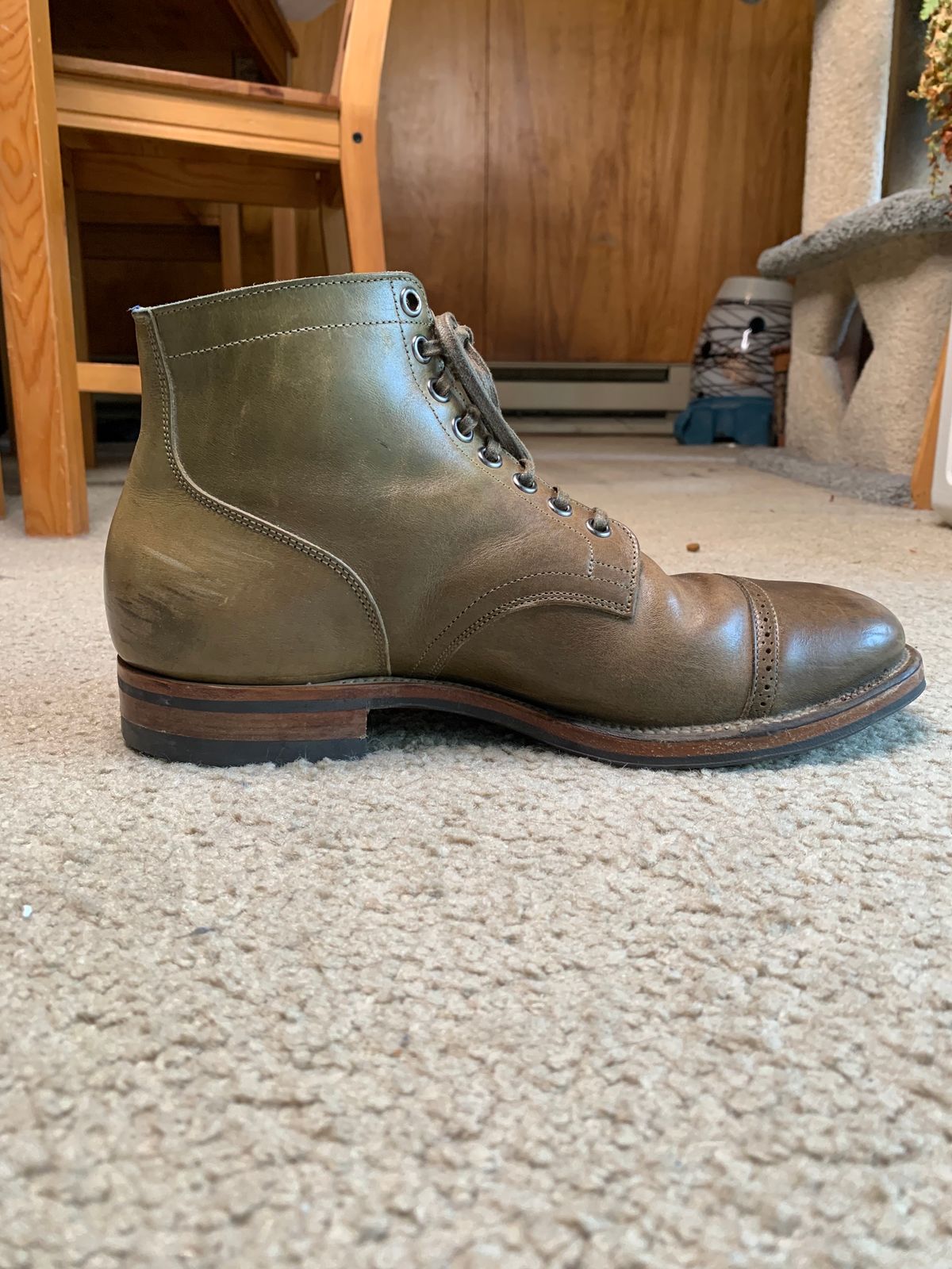 Photo by madeofbirds on November 4, 2023 of the Viberg Service Boot BCT in Maryam Salvia Horsebutt.