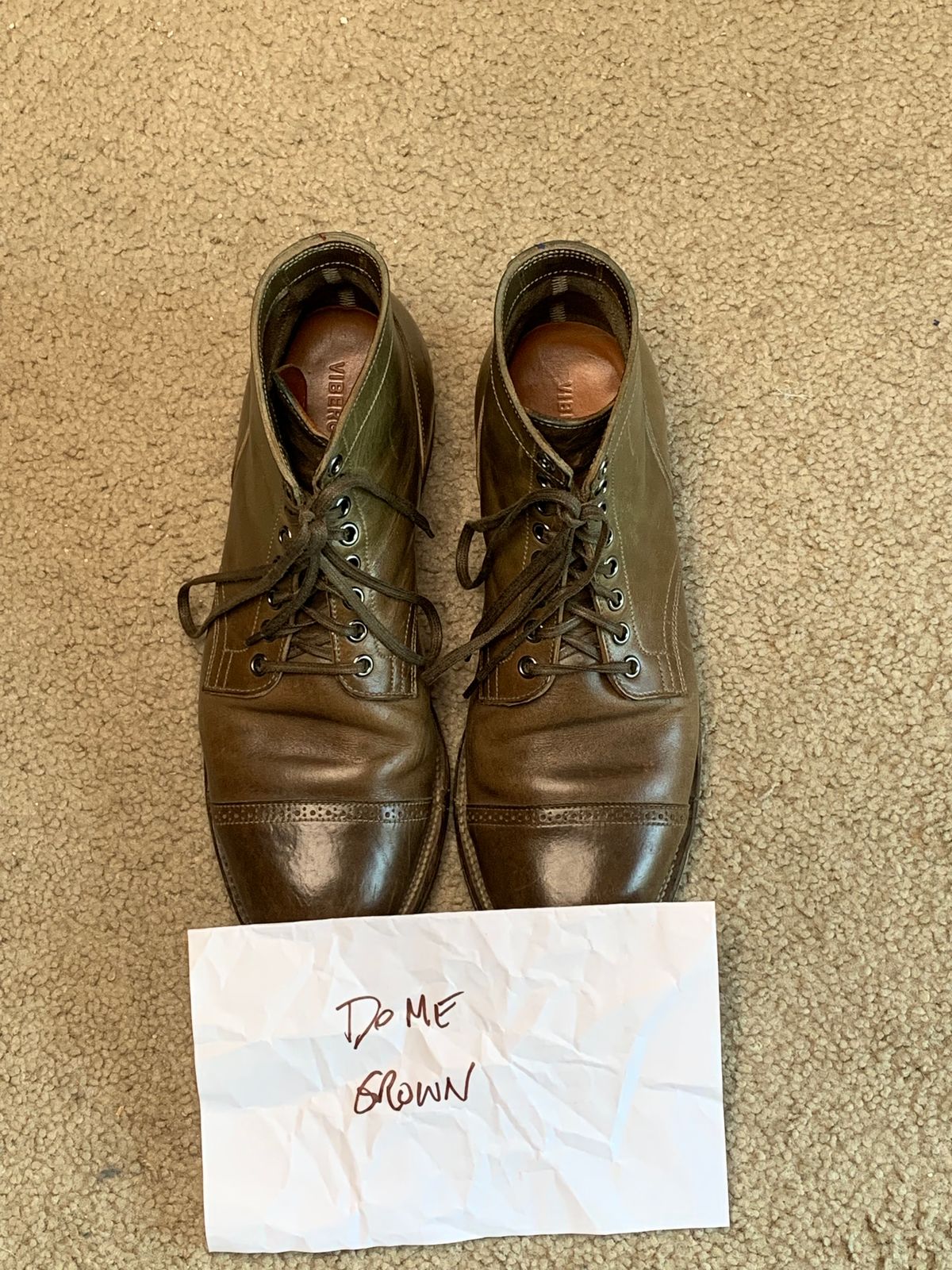 Photo by madeofbirds on November 4, 2023 of the Viberg Service Boot BCT in Maryam Salvia Horsebutt.