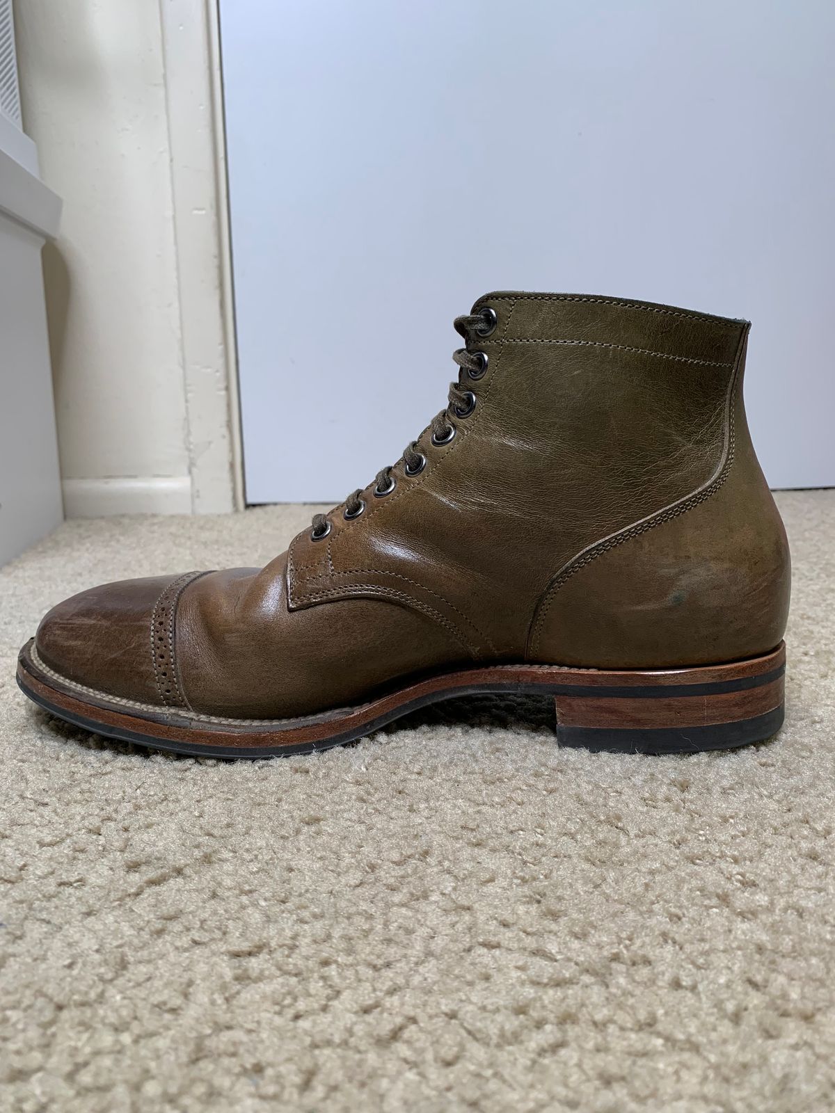 Photo by madeofbirds on December 5, 2023 of the Viberg Service Boot BCT in Maryam Salvia Horsebutt.