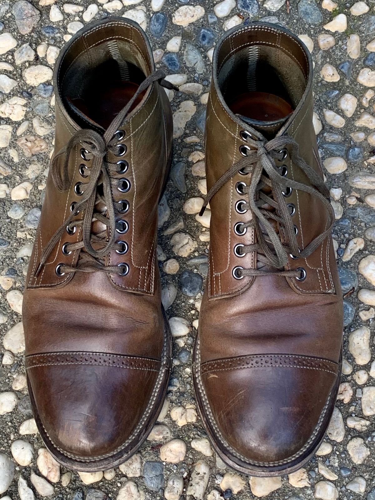 Photo by madeofbirds on February 2, 2024 of the Viberg Service Boot BCT in Maryam Salvia Horsebutt.