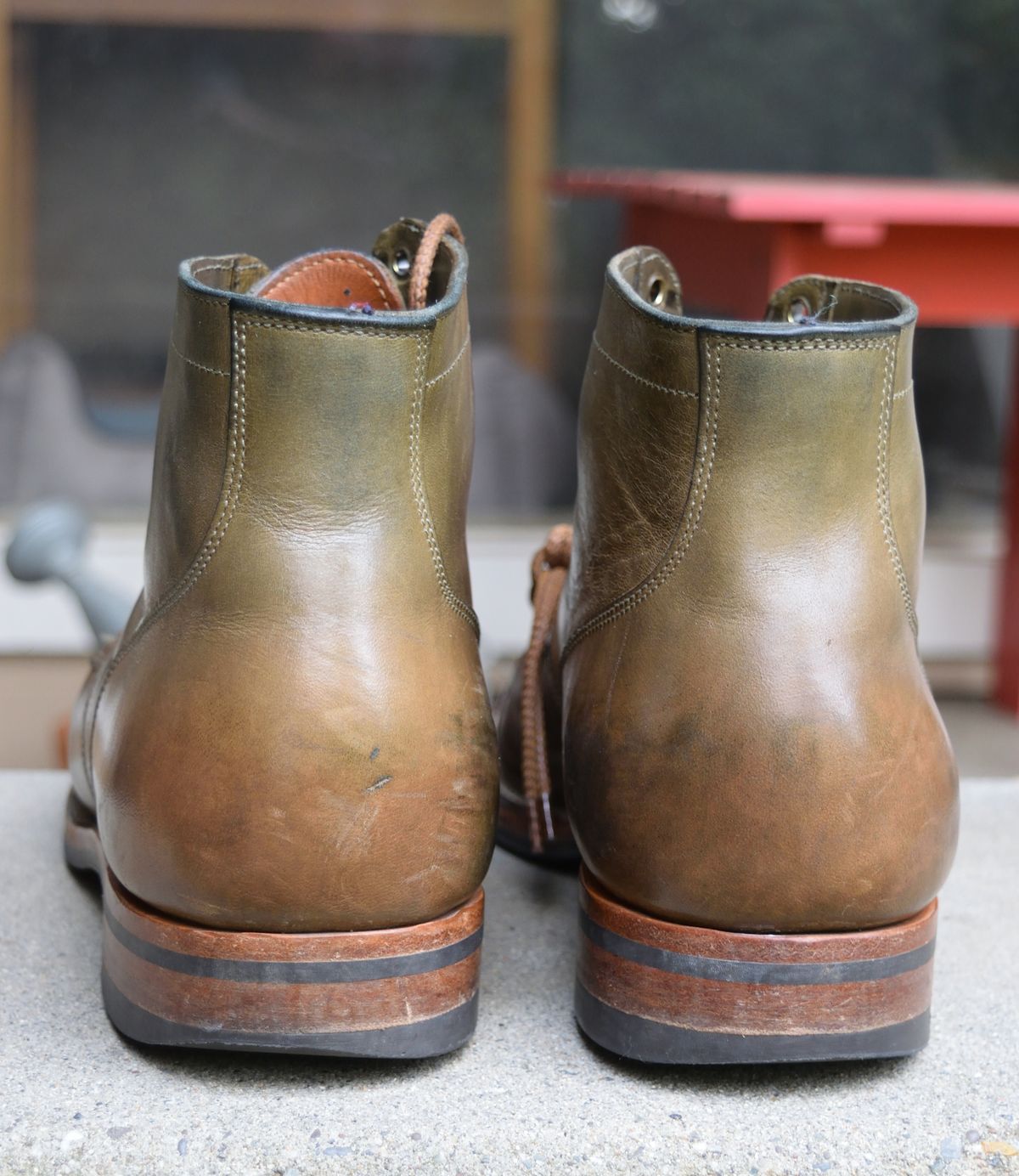Photo by madeofbirds on March 3, 2024 of the Viberg Service Boot BCT in Maryam Salvia Horsebutt.