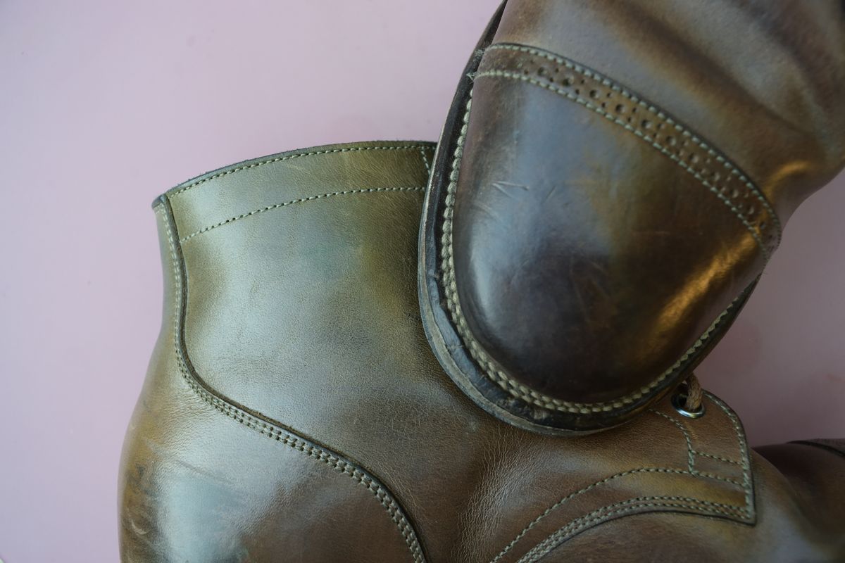 Photo by madeofbirds on April 2, 2024 of the Viberg Service Boot BCT in Maryam Salvia Horsebutt.