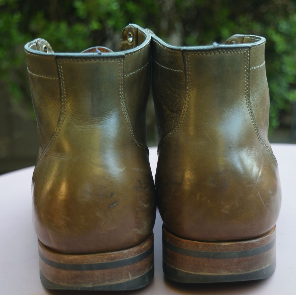 Photo by madeofbirds on April 2, 2024 of the Viberg Service Boot BCT in Maryam Salvia Horsebutt.