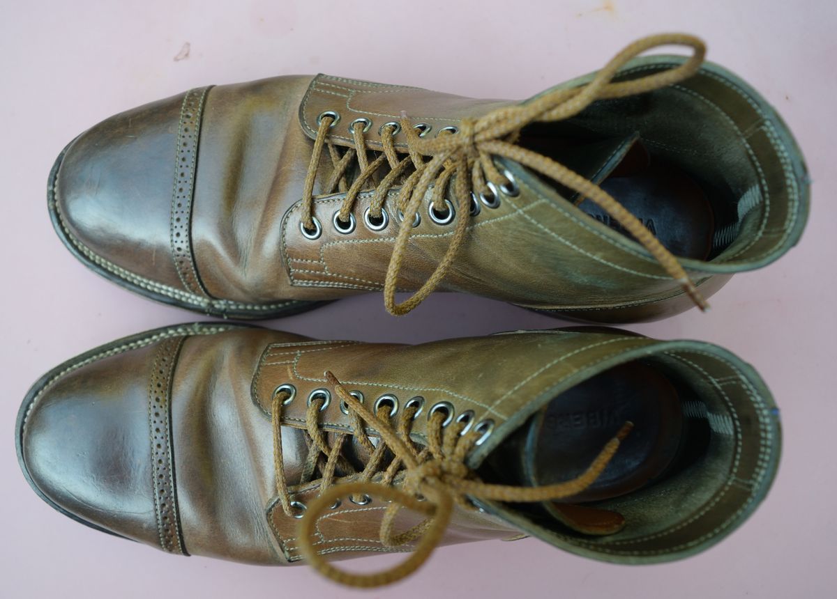 Photo by madeofbirds on April 2, 2024 of the Viberg Service Boot BCT in Maryam Salvia Horsebutt.