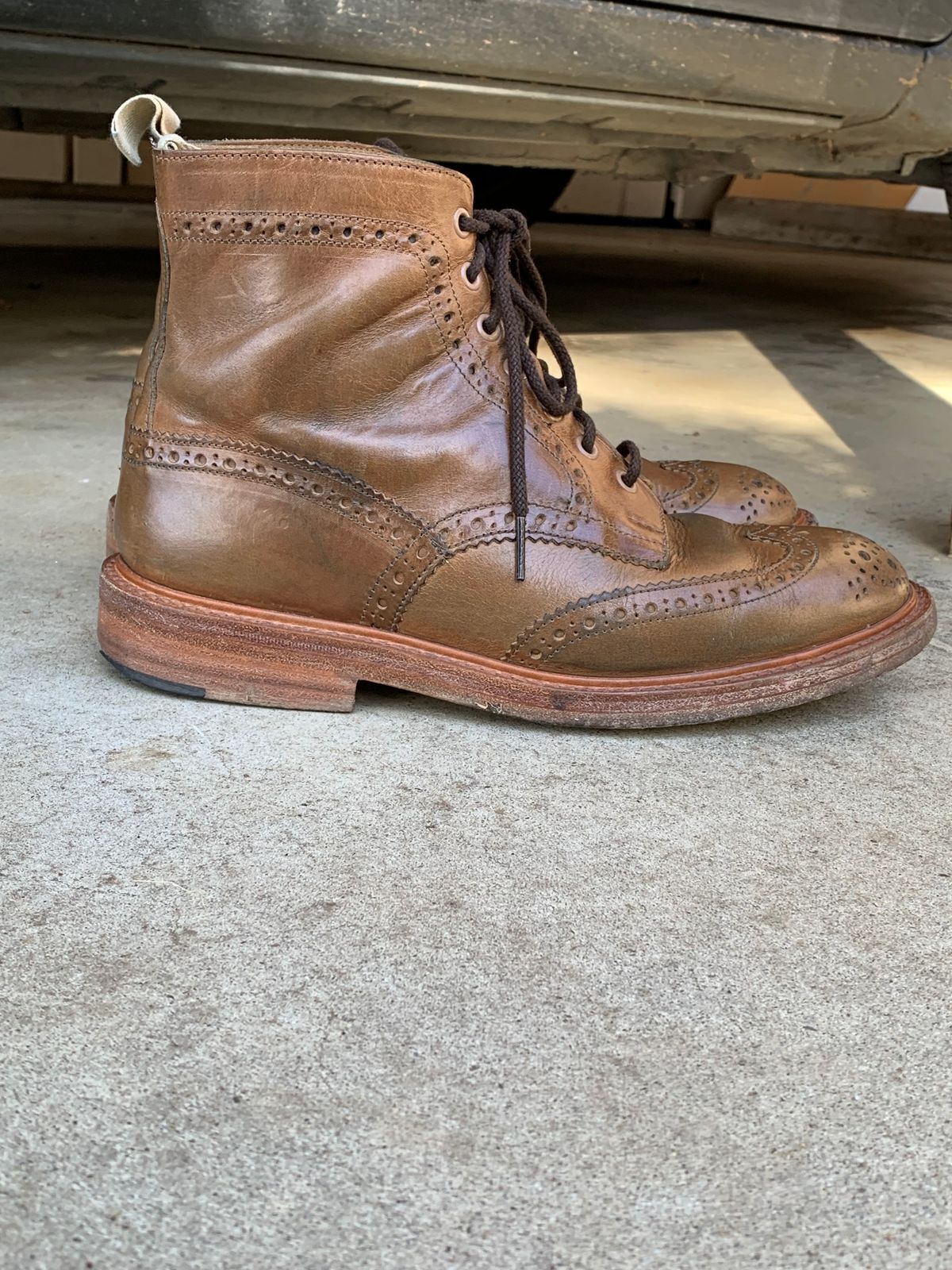 Photo by madeofbirds on January 5, 2025 of the Tricker's Stow Country Boot in Horween Natural Chromexcel.