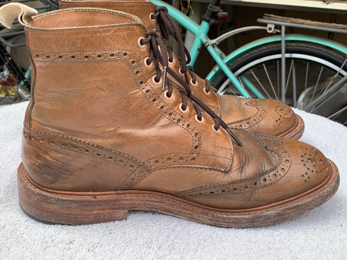 Photo by madeofbirds on March 2, 2025 of the Tricker's Stow Country Boot in Horween Natural Chromexcel.