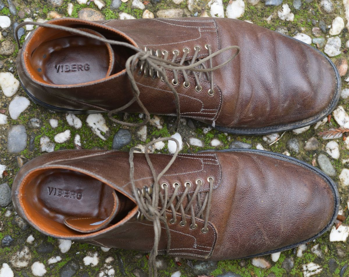 Photo by madeofbirds on February 4, 2023 of the Viberg Service Boot in Maryam Brown Washed Camel.