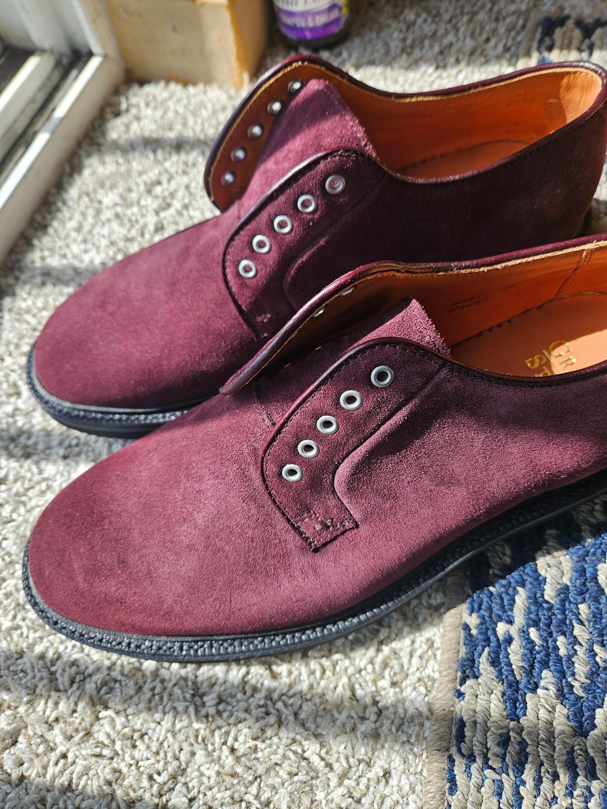 Photo by DarthCalamitus on April 26, 2025 of the Grant Stone Plain Toe Blucher in CF Stead Berry Repello Calf Suede.