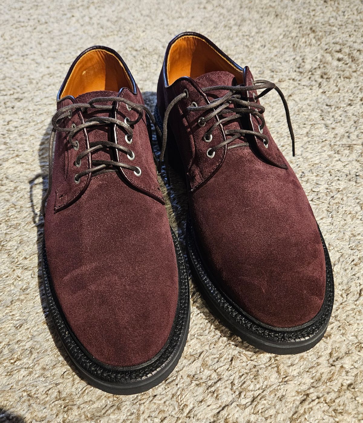 Photo by DarthCalamitus on April 26, 2025 of the Grant Stone Plain Toe Blucher in CF Stead Berry Repello Calf Suede.