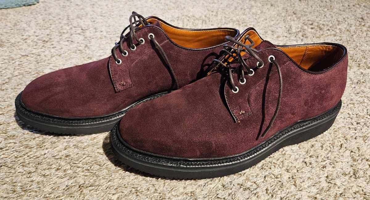 Photo by DarthCalamitus on April 26, 2025 of the Grant Stone Plain Toe Blucher in CF Stead Berry Repello Calf Suede.