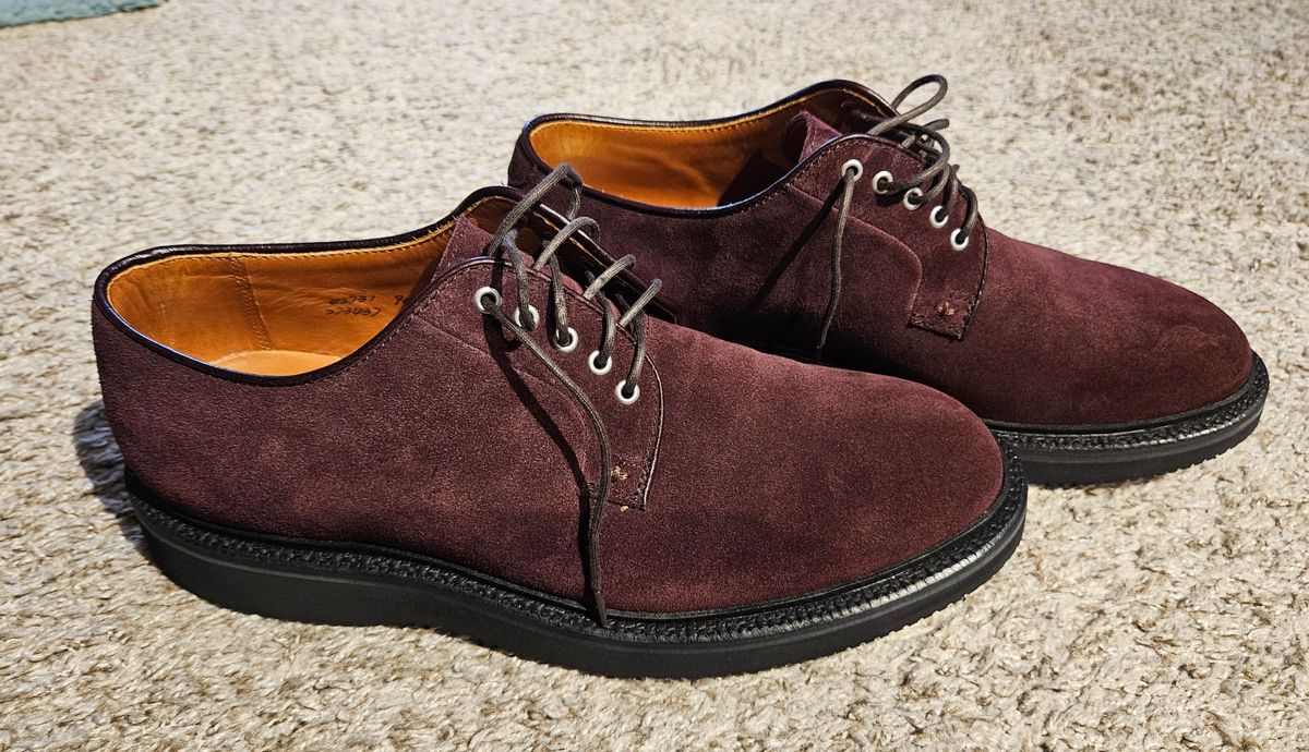 Photo by DarthCalamitus on April 26, 2025 of the Grant Stone Plain Toe Blucher in CF Stead Berry Repello Calf Suede.