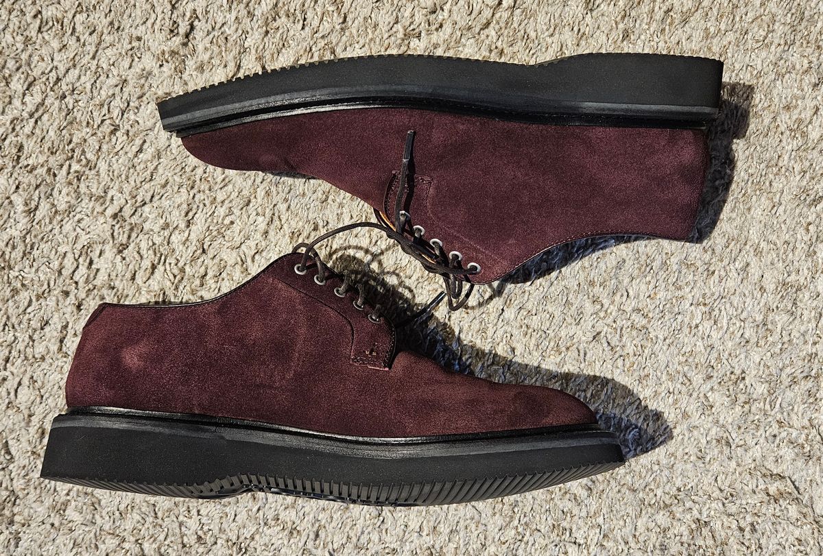 Photo by DarthCalamitus on April 26, 2025 of the Grant Stone Plain Toe Blucher in CF Stead Berry Repello Calf Suede.