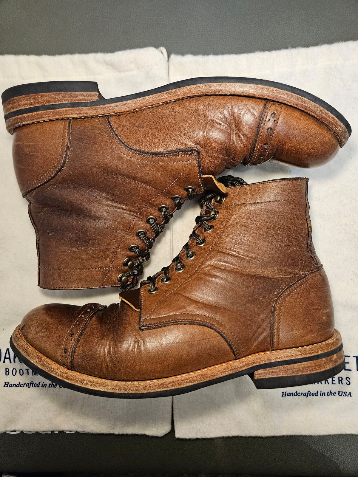 Photo by DarthCalamitus on April 5, 2024 of the Oak Street Bootmakers Trench Boot in Horween Natural Chromexcel.