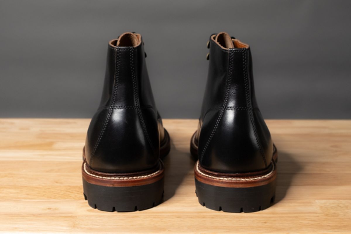 Photo by sawdustandstitch on October 3, 2025 of the Grant Stone Brass Boot in Horween Black Chromexcel.