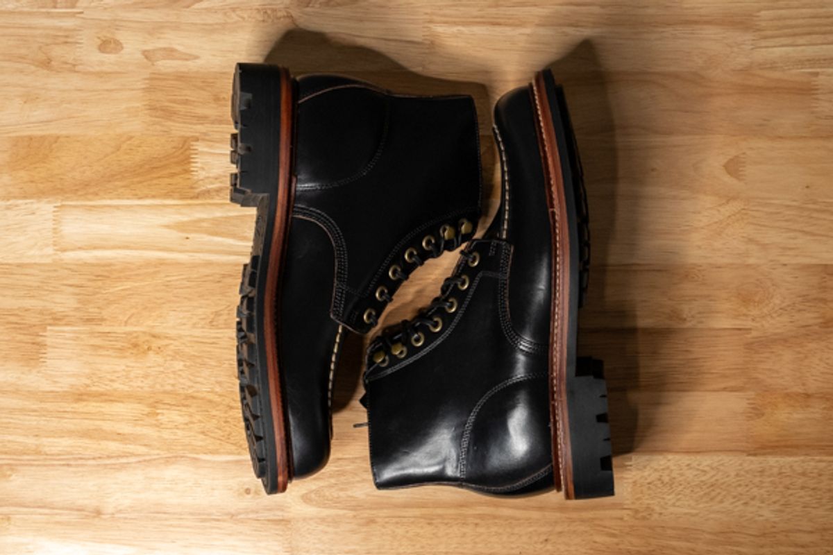 Photo by sawdustandstitch on October 3, 2025 of the Grant Stone Brass Boot in Horween Black Chromexcel.