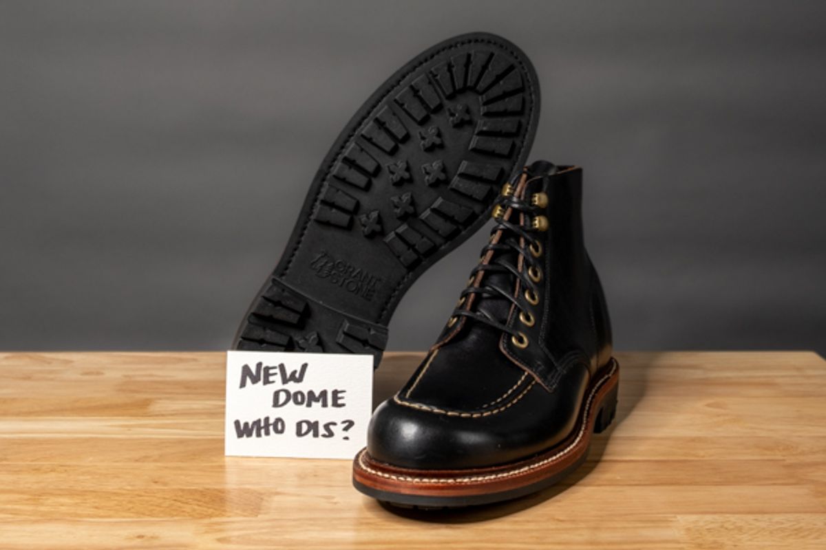 Photo by sawdustandstitch on October 3, 2025 of the Grant Stone Brass Boot in Horween Black Chromexcel.