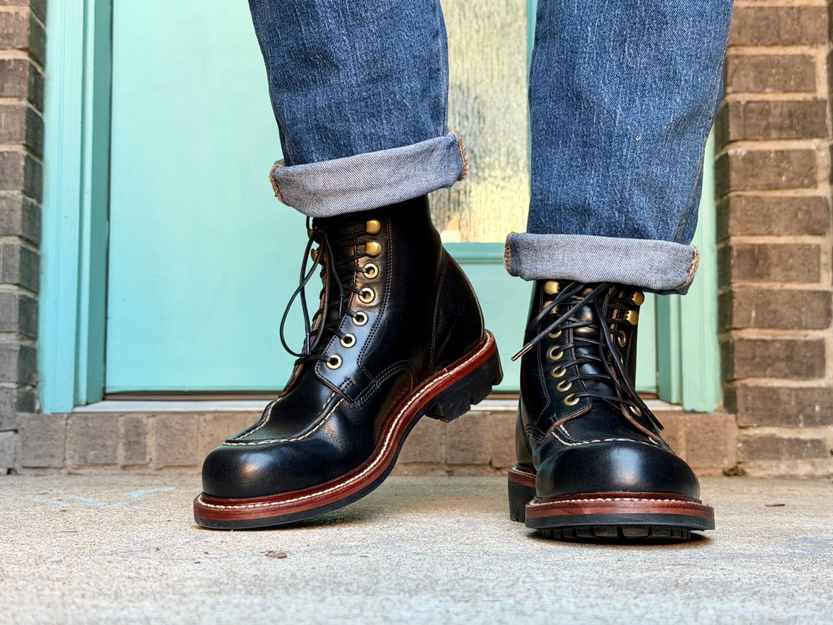 Photo by sawdustandstitch on October 3, 2025 of the Grant Stone Brass Boot in Horween Black Chromexcel.