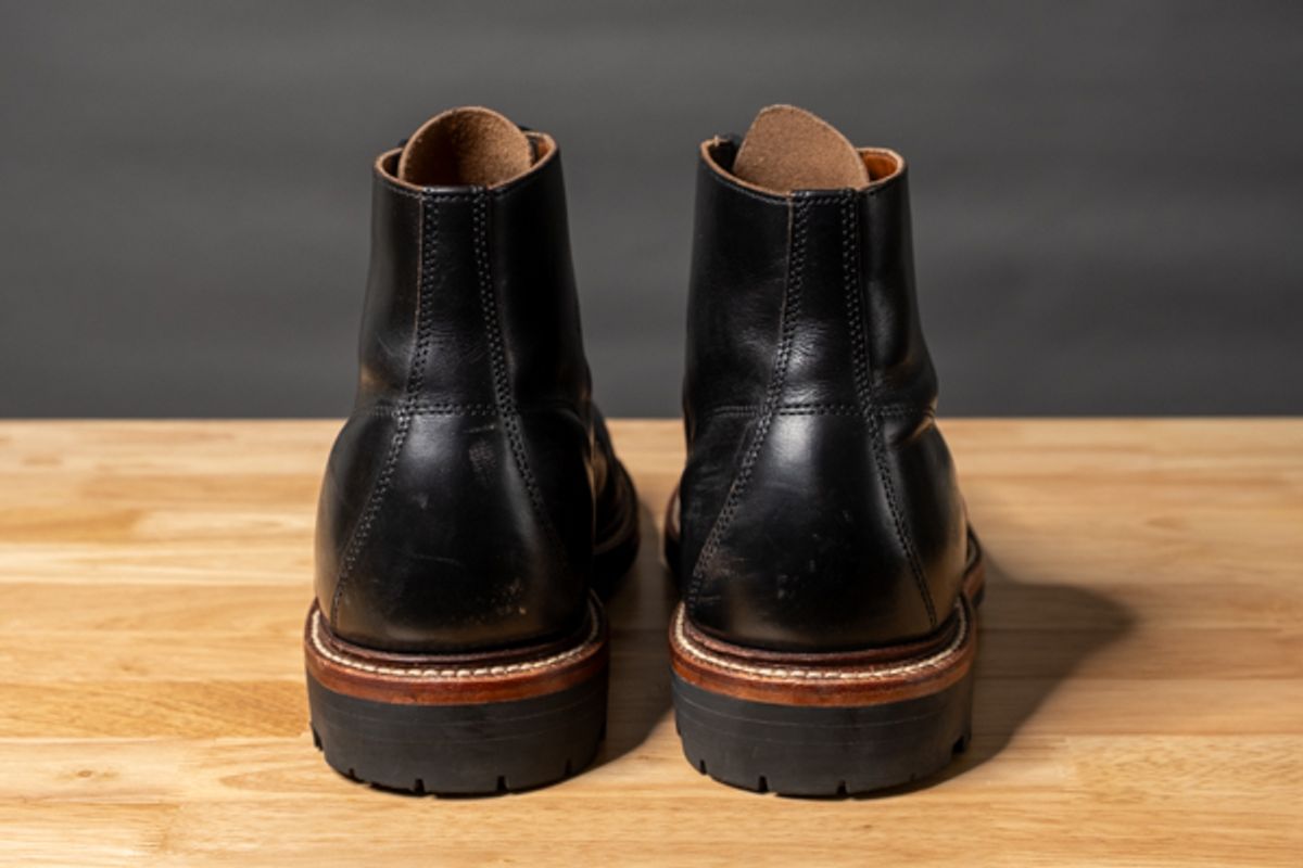 Photo by sawdustandstitch on November 6, 2025 of the Grant Stone Brass Boot in Horween Black Chromexcel.