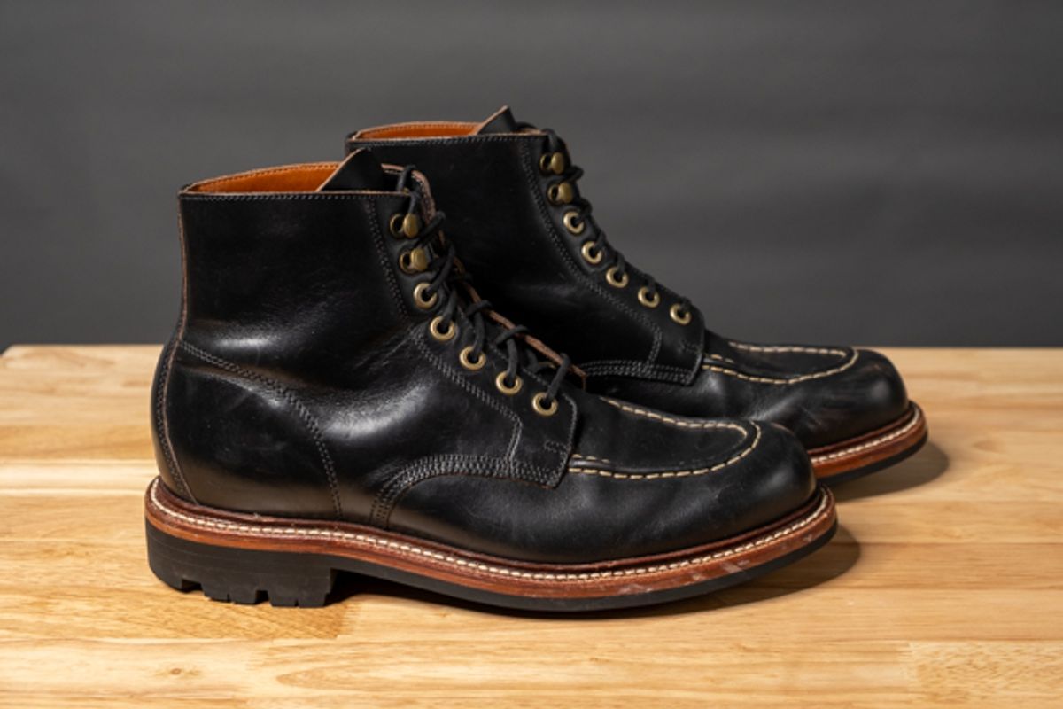 Photo by sawdustandstitch on November 6, 2025 of the Grant Stone Brass Boot in Horween Black Chromexcel.